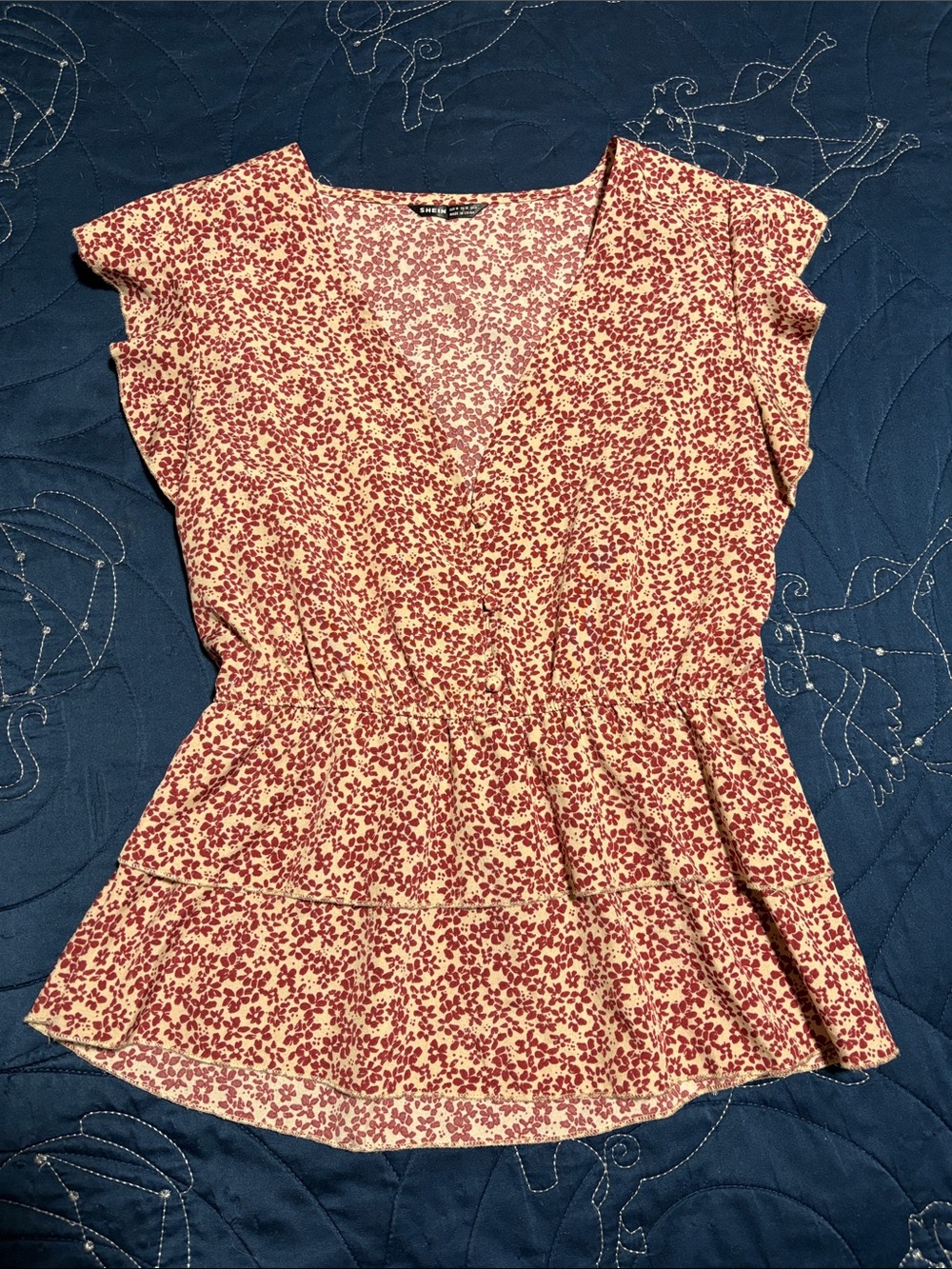 SHEIN Red Floral V-Neck Ruffle Tank Top